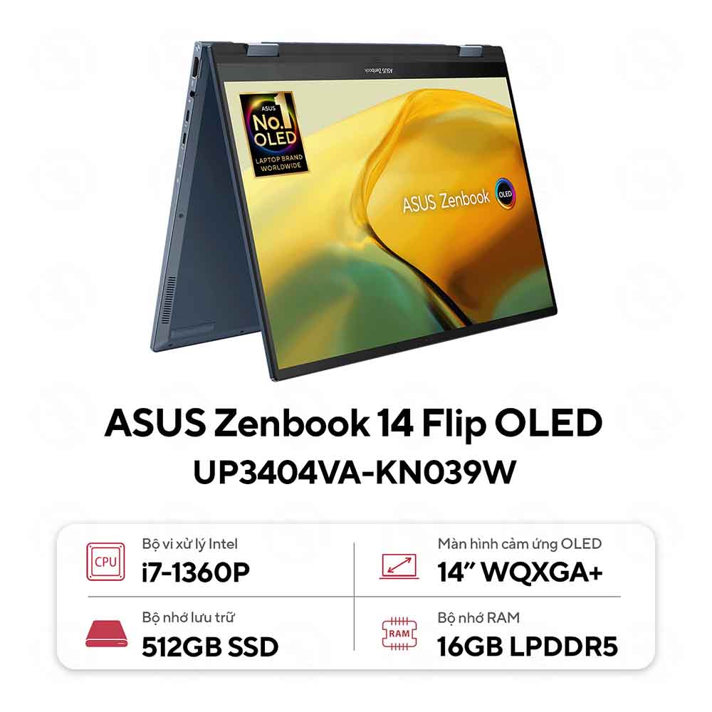 Laptop Asus Zenbook 14 Flip OLED UP3404VA-KN039W (Intel Core I7-1360P | 16GB | 512GB | Intel Iris Plus | 14.0-inch OLED WQXGA+ | Win 11 | Xanh