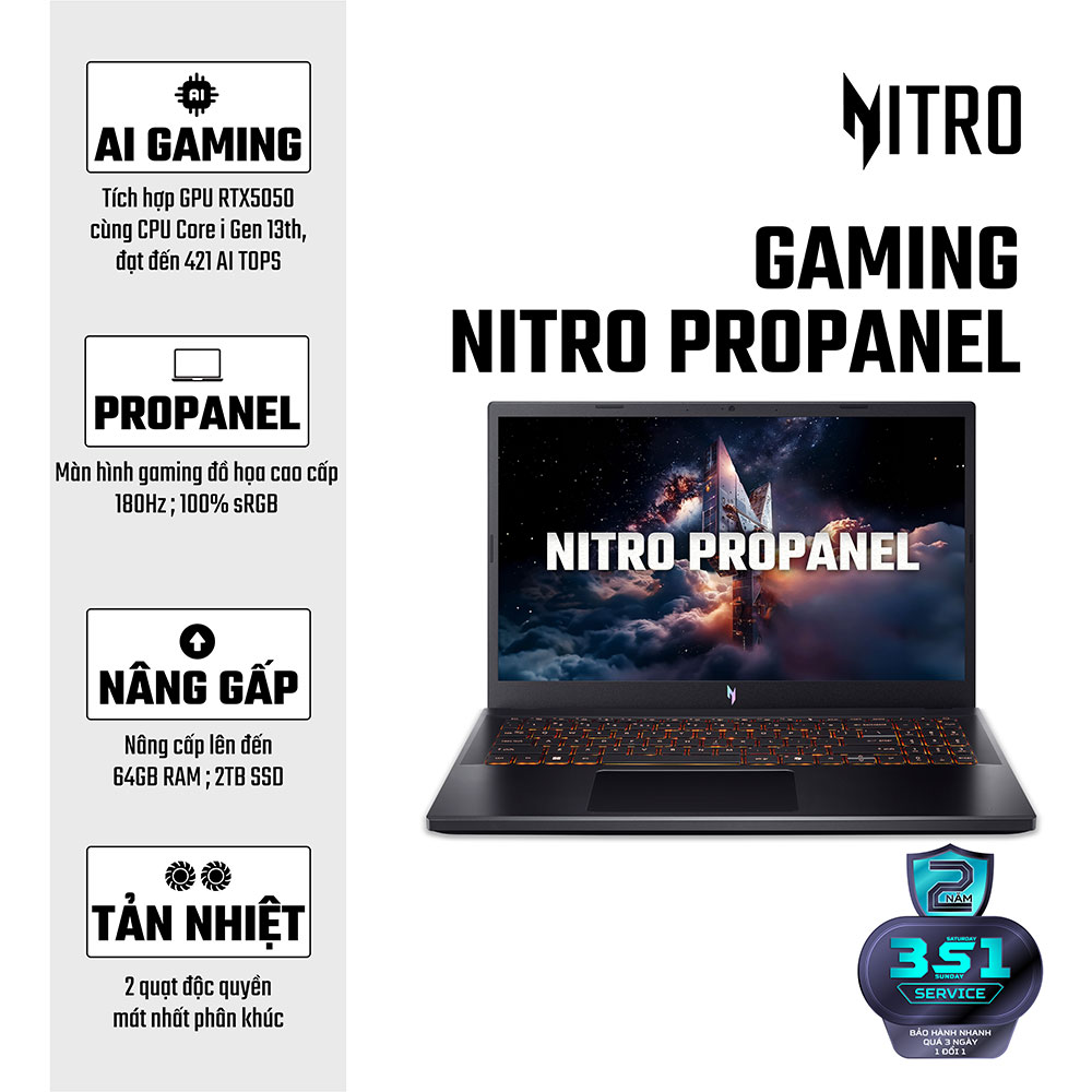 Laptop Acer Gaming Nitro ProPanel ANV15-52-72BM NH.QZ9SV.004 (Thông số: Intel Core i7-13620H | RTX 5050 | 15.6" FHD IPS 180Hz 100% sRGB | Win 11 |Màu Đen)