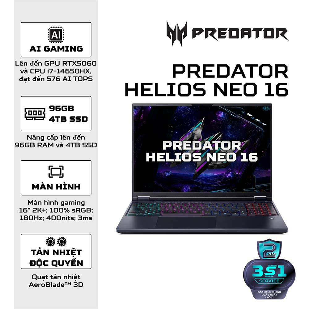 Laptop Acer Gaming Predator Helios Neo 16 PHN16-I31-74MN NH.U4SSV.002 (Thông số: Intel Core i7-14650HX | RTX 5050 8GB GDDR7 | 16inch FHD+ |Ram 32GB |SSD 512GB | Windows 11 Home | Đen)